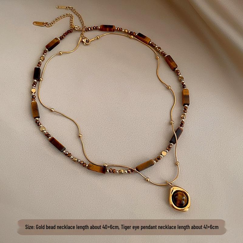 Autumn/Winter Layered Tiger Eye Pendant Necklace for Women - Double Clavicle Chain with High-End Sweater Chain Style