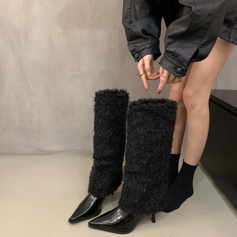 Fashion Design Style High Heels Women Knee-High Long Boots Pointed Toe Furry Ladies Long Booties Hottie botas de inverno feminina