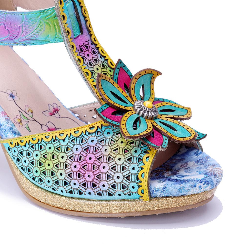Johnature Genuine Leather Vintage Baroque Style Carved And Painted Floral Comfortable High-heeled Sandals