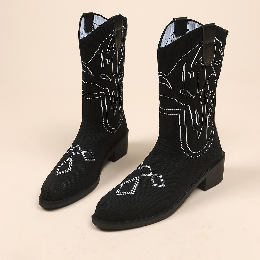 Wind knitted elastic warm medium boots women's large size thick heel fly knitting embroidered retro socks boots