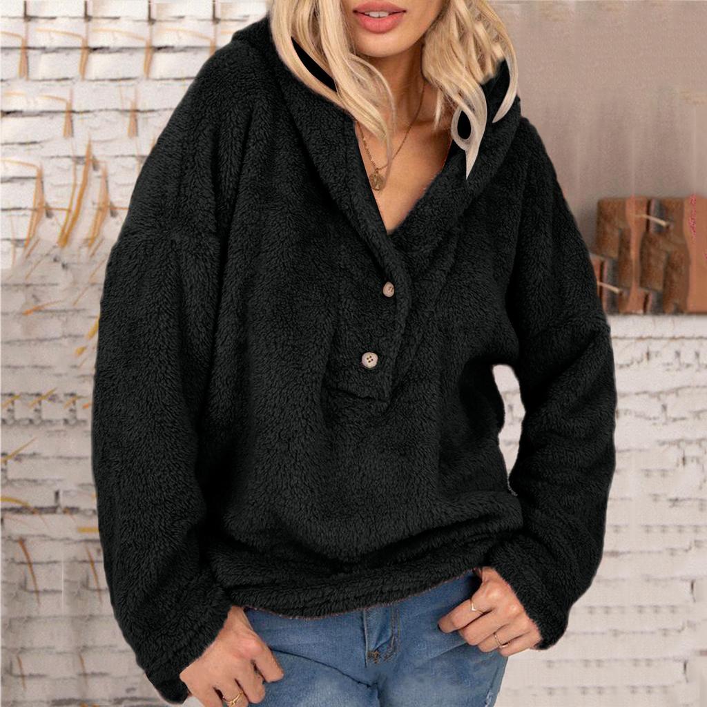 Women Casual Plus Size Loose Hoodie Plush Button Solid Color Loose Sweater Top