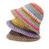 Unisex Summer Paper Sun Bucket Hat Checked Rainbow Gradient Silk Screen Printed Beach Vacation Ribbon