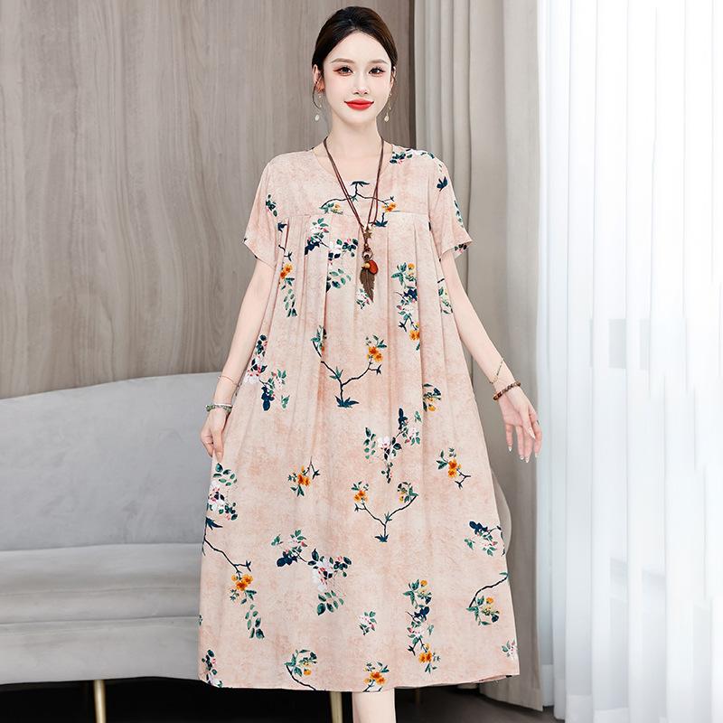 2 Neues hochwertiges florales Baumwoll-Seiden-Kleid für Damen-Sommer-Temperament, Bauchbedeckung für Mütter, große Größe künstliche Baumwolle langer Rock