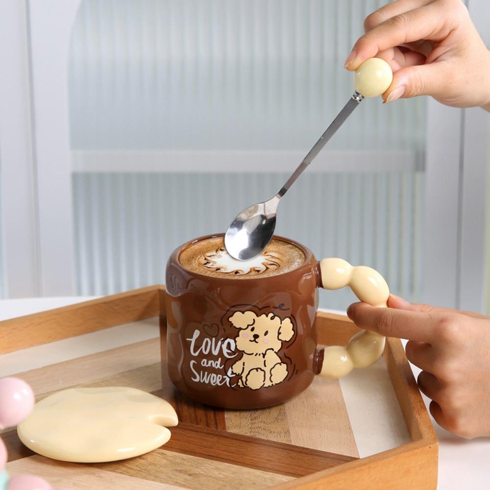 Mug with Lid Spoon Dopamine Ceramic Cup Household Cute Puppy Water Cup Girls Gift Cup Dopamine Color Scheme