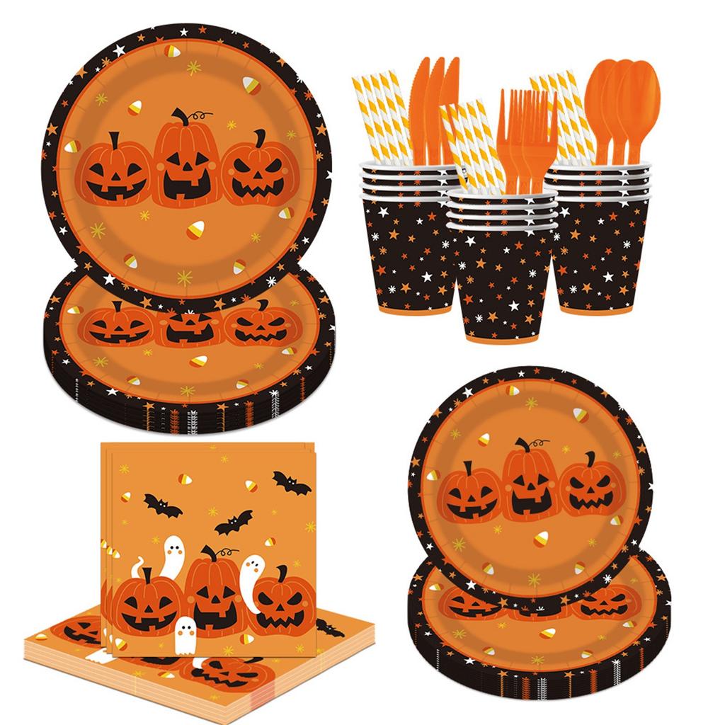 Halloween Pumpkin/ Ghost/ Party Disposables Printed Tissue Paper Plate Plastic Knife And Fork Party Set