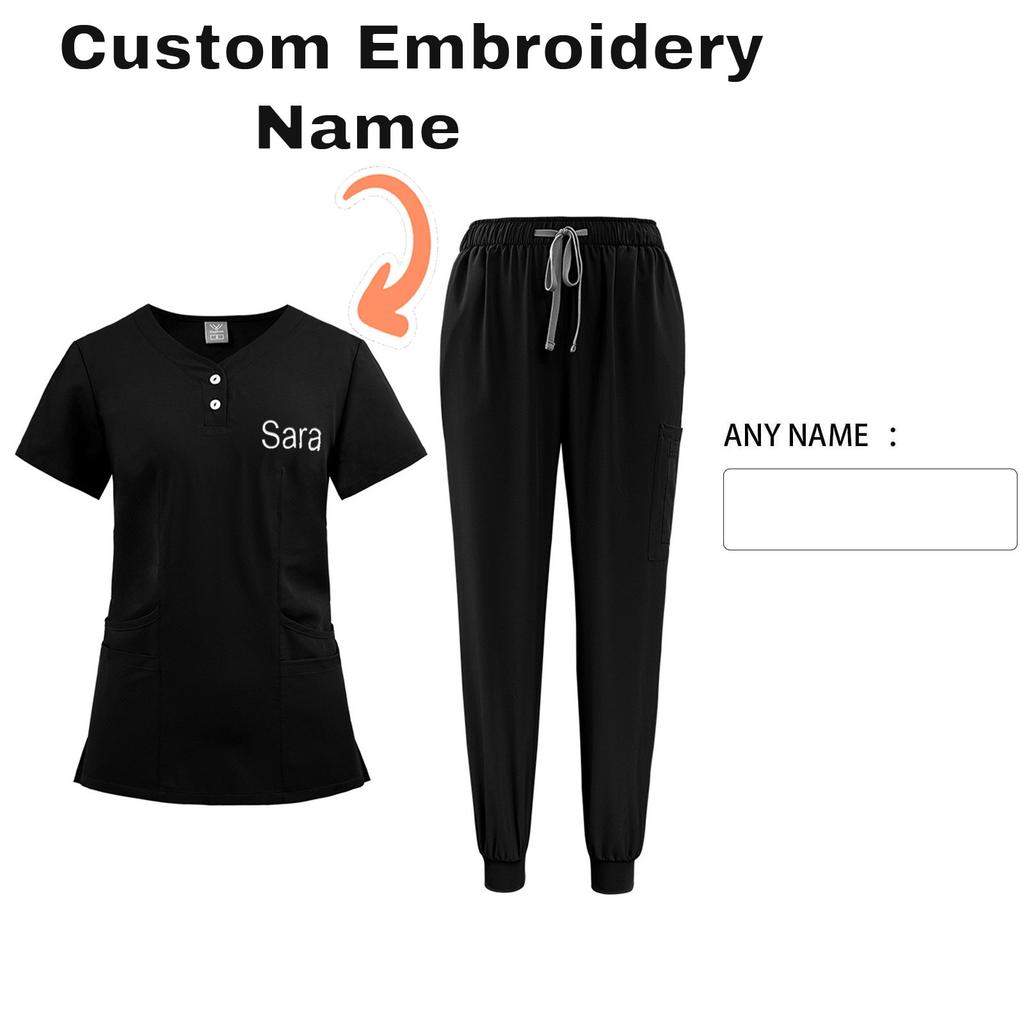 DIY Name Embroidery Customization Women's Uniform Quick-drying Fabric Solid Color V-neck Pocket Short-sleeved Trousers Suit Dry-nurse Work Clothes