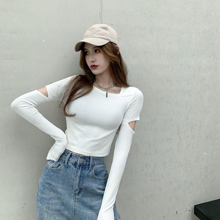 Women's Long Sleeve Slim Fit Casual Top - Pure Color and Versatile with a Round Neck and Hole Detail