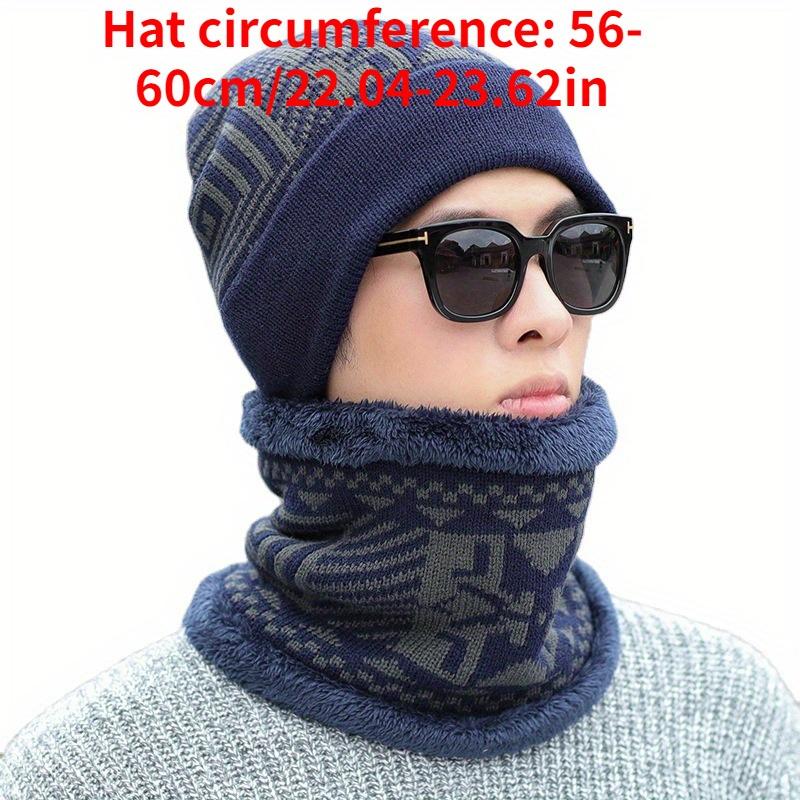 Men's Winter Beanie and Neck Warmer Set Polyester Knitted Hat with Plush Thicken Lining Cold-Resistant Outdoor Cycling Headwear
