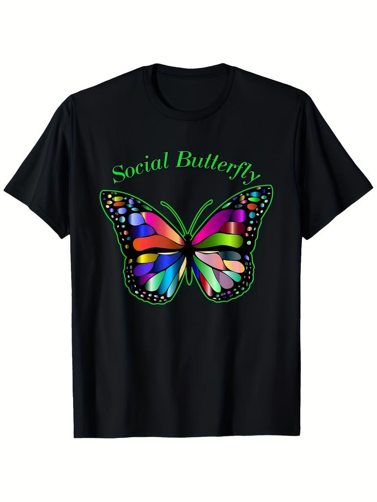Unisex T-shirt Heavyweight T-Shirt - Black Background with Multicolor Butterfly Print - Crew Neck Short Sleeve Tee