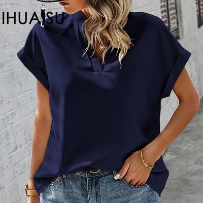 Sommer Einfache Mode V-Ausschnitt Kurzarm Leinen Bluse Damen