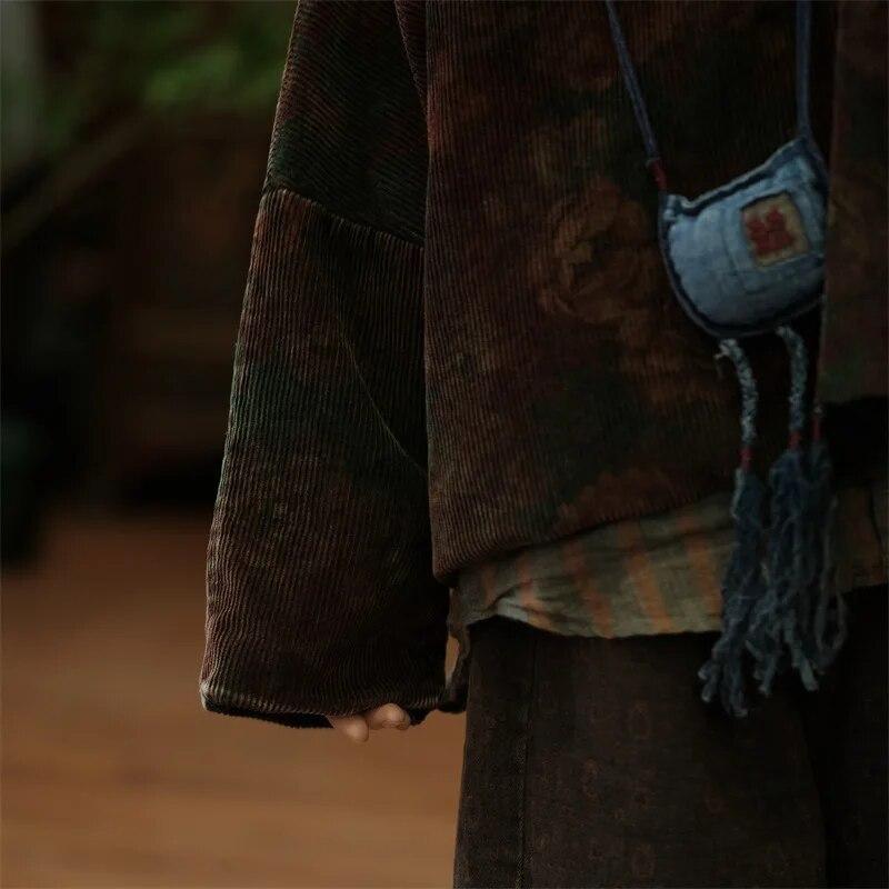 Johnature Dámský vintage květinový manšestrový zimní svetr s dlouhým rukávem a výstřihem do O-neck