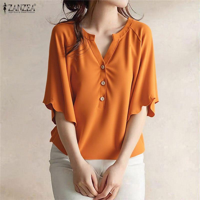 ZANZEA Women Casual Round Neck Solid Color Loose Half Sleeve Blouse