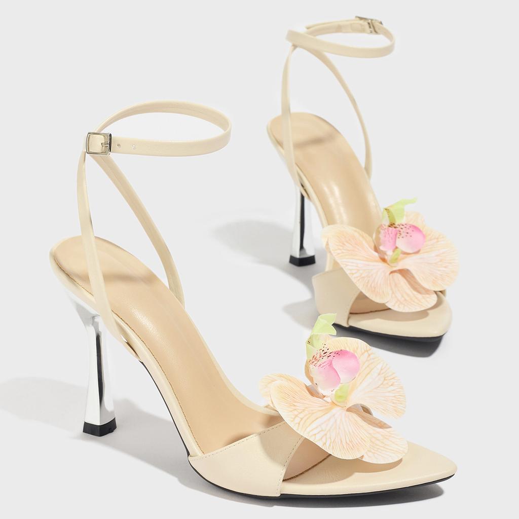 Women's pointed stiletto sandals women's shoes three-dimensional flower paint heel with ankle strap apricot heels