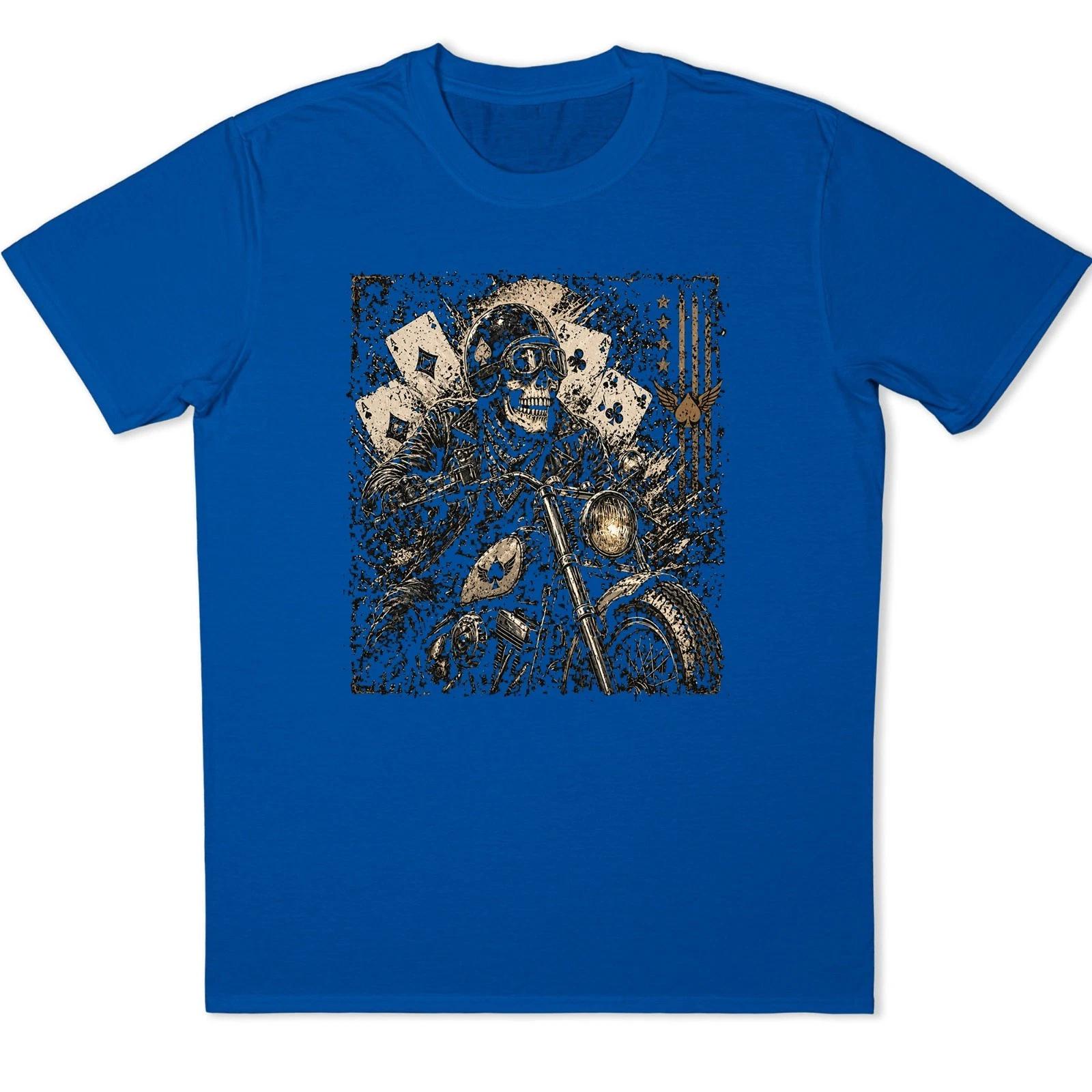 Skull Biker T Shirt Skeleton Rider Motorcycle Poker Aces Cards Vintage Tee 4 3XL