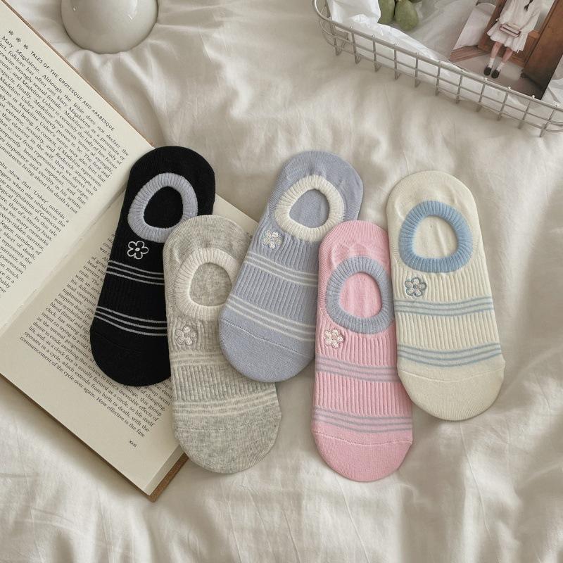 Small Floral Striped Women's Invisible Socks, Breathable Summer Lightweight Short Socks, Pure Cotton, Anti-slip, No Heel Coming Off.