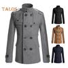 Men Woolen Coat Stand Collar Long Sleeve Windbreaker with Double-Breasted Closure Pockets Solid Color Mid-Length Outwear