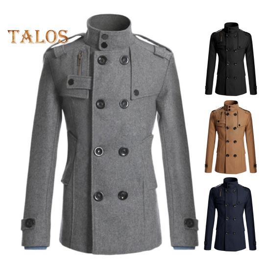 Men Woolen Coat Stand Collar Long Sleeve Windbreaker with Double-Breasted Closure Pockets Solid Color Mid-Length Outwear