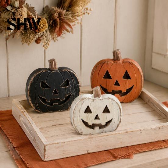 Festive Seasonal Props 3Pcs Halloween Pumpkin Tabletop Decor, Rustic Face Wooden Block Handmade Art Ornaments, Farmhouse Desktop Craft for Home Party