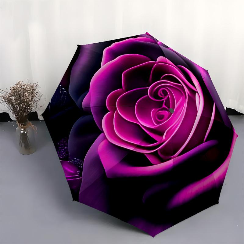 1pc Purple Rose Themed Design Umbrella 8 Rib Frame, One-touch Automatic Opening 3 Fold Umbrella, Fashion Gift-p0803043
