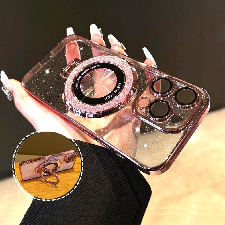 

Покрытие Glitter для Magsafe Magnetic Stand Holder Case для iPhone 16 15 14 13 12 11 Pro Max Прозрачный Жесткий Задний Чехол For iPhone 16Pro Max