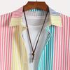 Summer Men's Colorful Striped Pattern Short Sleeved Slim Fit Shirt with Casual Button Collar Suitable for Beach and Daily Wear