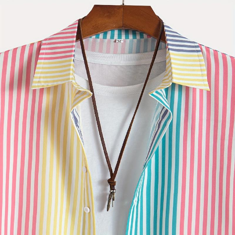 Summer Men's Colorful Striped Pattern Short Sleeved Slim Fit Shirt with Casual Button Collar Suitable for Beach and Daily Wear