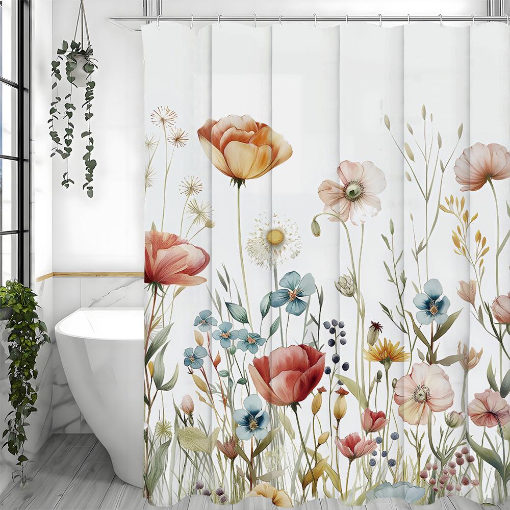 Spring Yumei Flower Floral Shower Curtain, Bathroom Decorative Shower Curtain, Waterproof Shower Curtain with Hooks