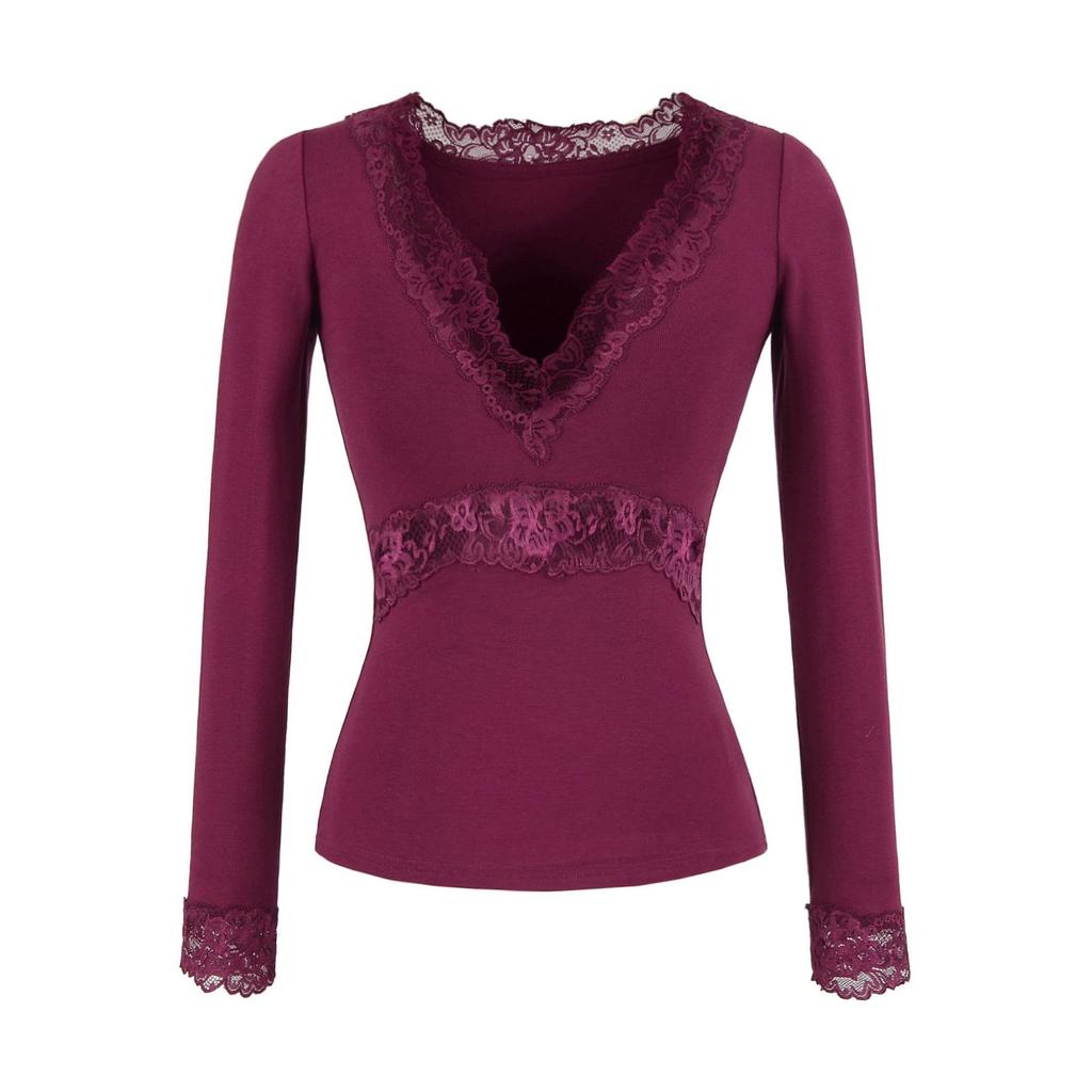 Lace Splice V-Neck Slim Fit Waist-Cinching Cotton Top for Women - Ideal for Autumn/Winter