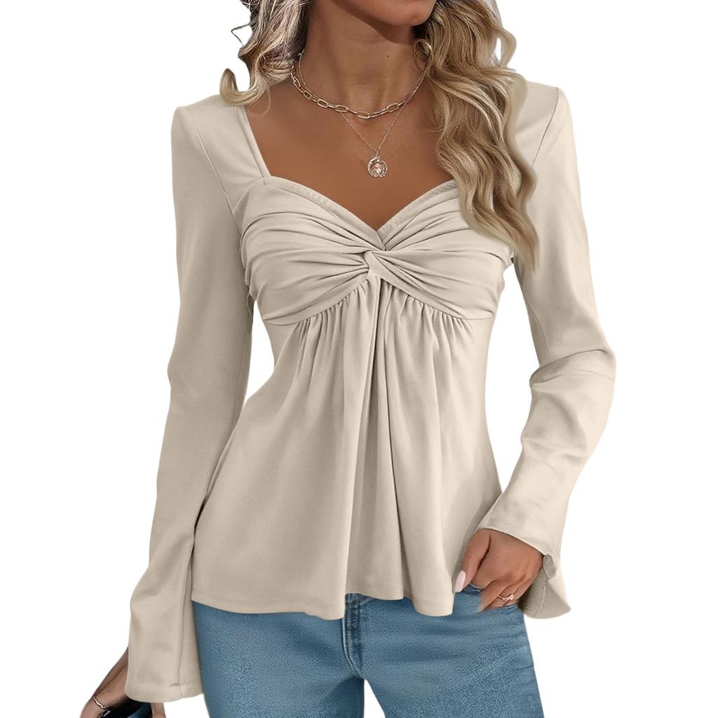 Maglietta Casual Elegante da Donna con Scollo a V e Maniche Lunghe - Top Colorato