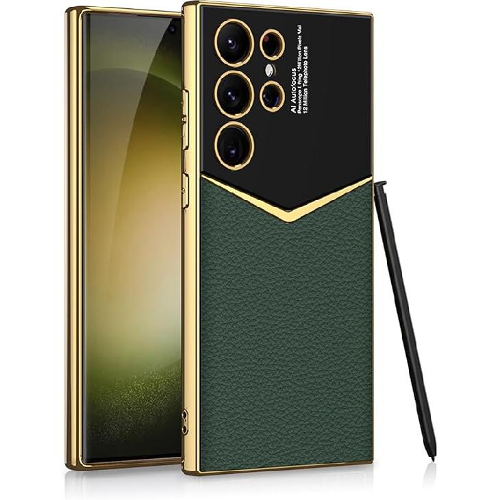 Leather Case for Samsung Galaxy S24 Ultra with Electroplated Frame, Vintage Luxury PU Non-Slip Grip Shockproof Full Body Protective Cover Phone Cases
