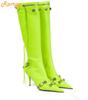 Fashion Women New Rivet Fringe Boots Metal Zipper Motorcycle Boots Belt Buckle Pointed Toe Knee High Shoes Aged-silver Studs Boots