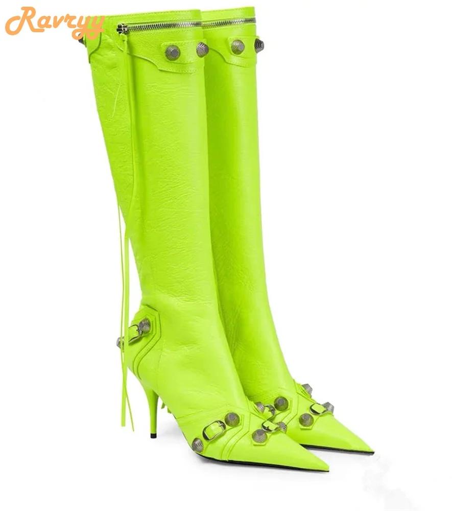 Fashion Women New Rivet Fringe Boots Metal Zipper Motorcycle Boots Belt Buckle Pointed Toe Knee High Shoes Aged-silver Studs Boots