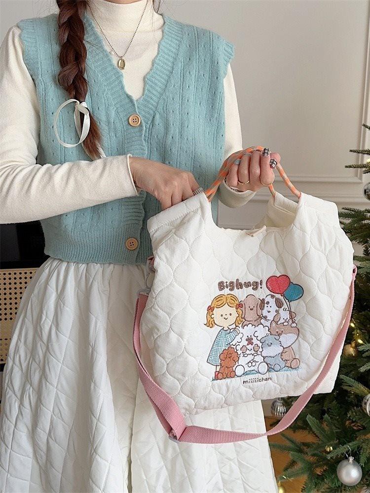 Adorable Soft Cotton Embroidered Tote Bag Stylish And Spacious Handbag For Daily Use