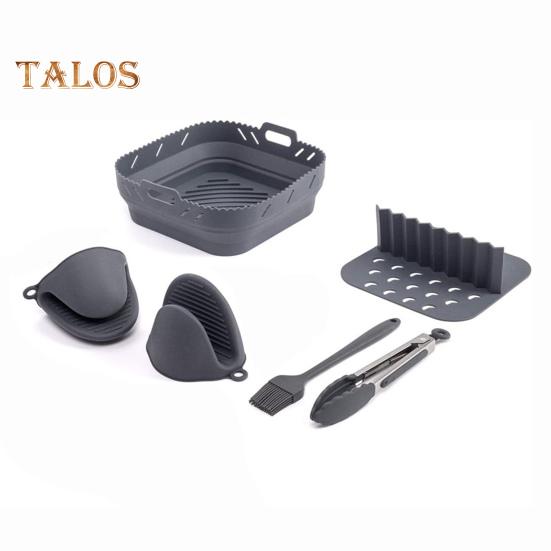 Silicone Air Fryer Liner Set Square with Mittens Dividers Oil Brush Food Clip Reusable Heat Resistant Easy-Clean Baking Mold for Multi-Ingredient