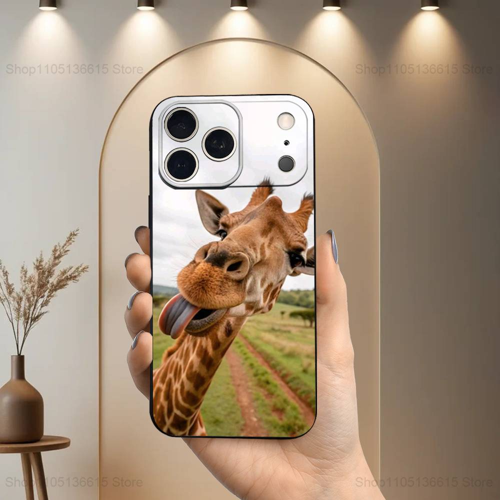 Cute Animal Giraffe Case For iPhone 12,14,15,16,11,17,13,X,Mini,SE,XS,Plus,Pro,Max,8,7,XR,Soft Silicone Black