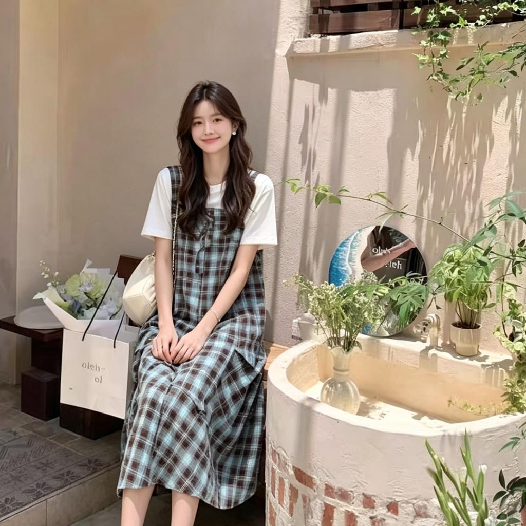 Fresh college style plaid strap skirt women's summer loose and thin age reduction small people daily wear casual fake two pieces