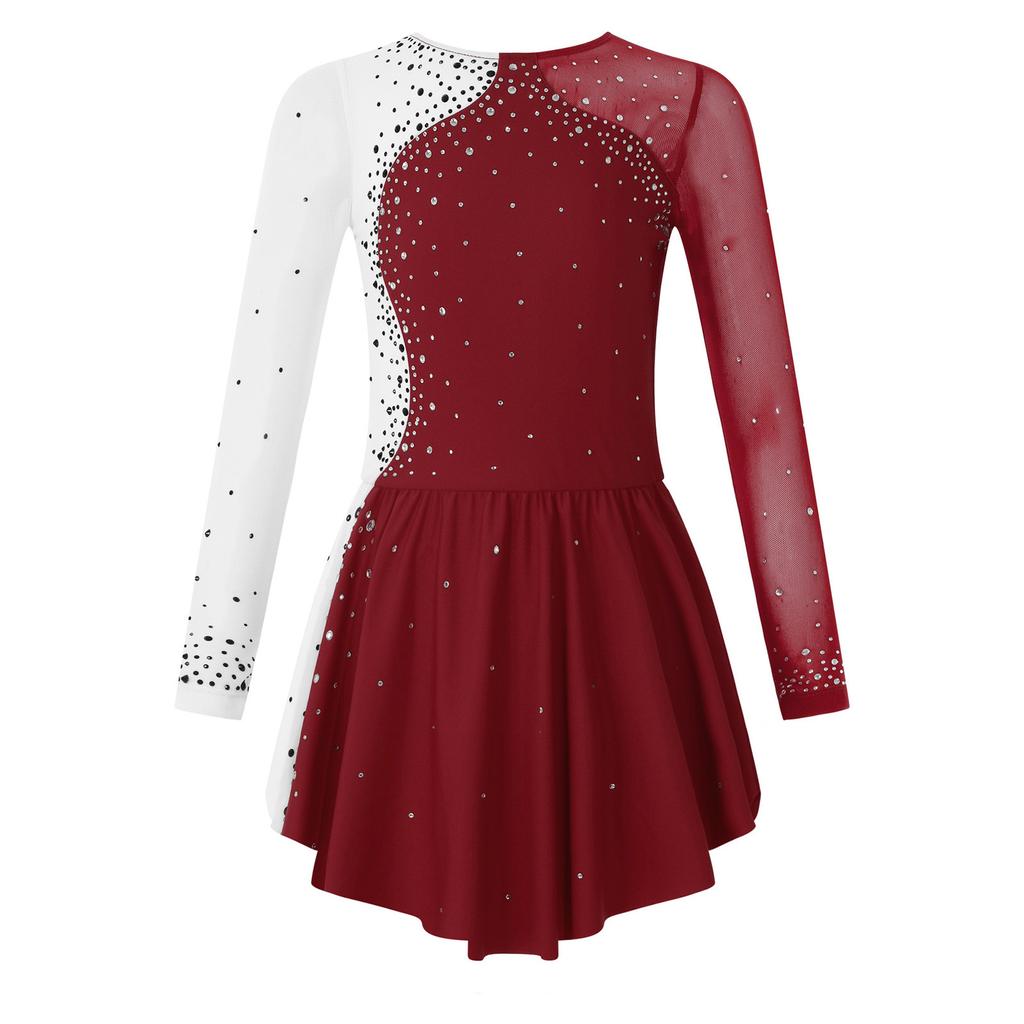 Girls' Ice Skating Leotard Dress Kids Long Sleeve Shiny Rhinestone Ballet Gymnastics Dance Clothes