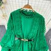 Elegant Crochet Lace Dresses for Women Hollow Out O Neck Lantern Sleeve A Line Belted Vestidos Court Style Dress Dropship