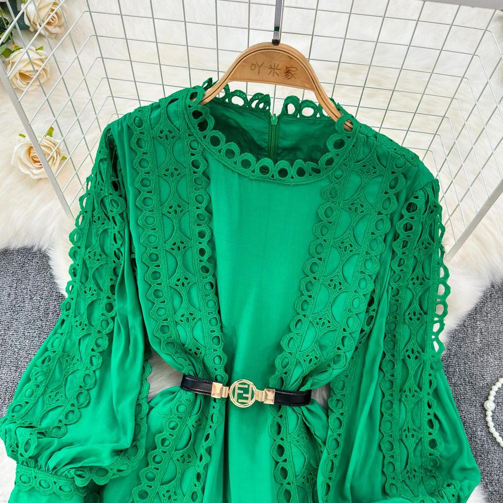 Elegant Crochet Lace Dresses for Women Hollow Out O Neck Lantern Sleeve A Line Belted Vestidos Court Style Dress Dropship