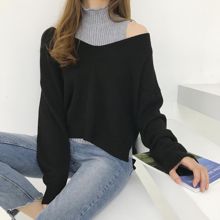 Two-piece Straight Half-high Collar Bottoming Sweater Female Commuter V-neck Loose Long Sleeve Sweater Sweater Women Sets Spring