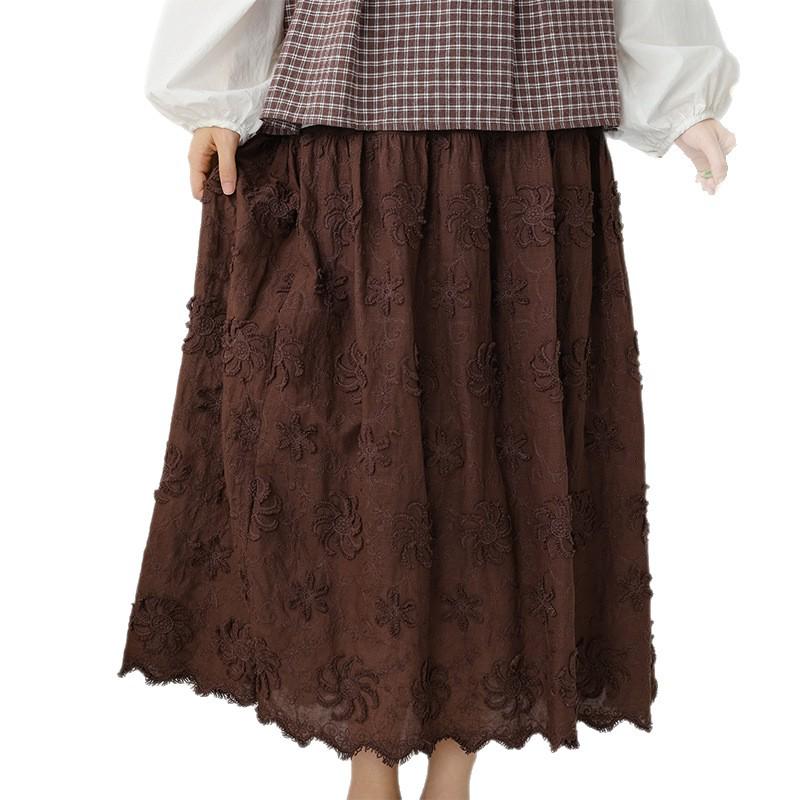 Saia Midi Bordada com Flores 3D Estilo Mori Girl com Forro – Casual & Versátil