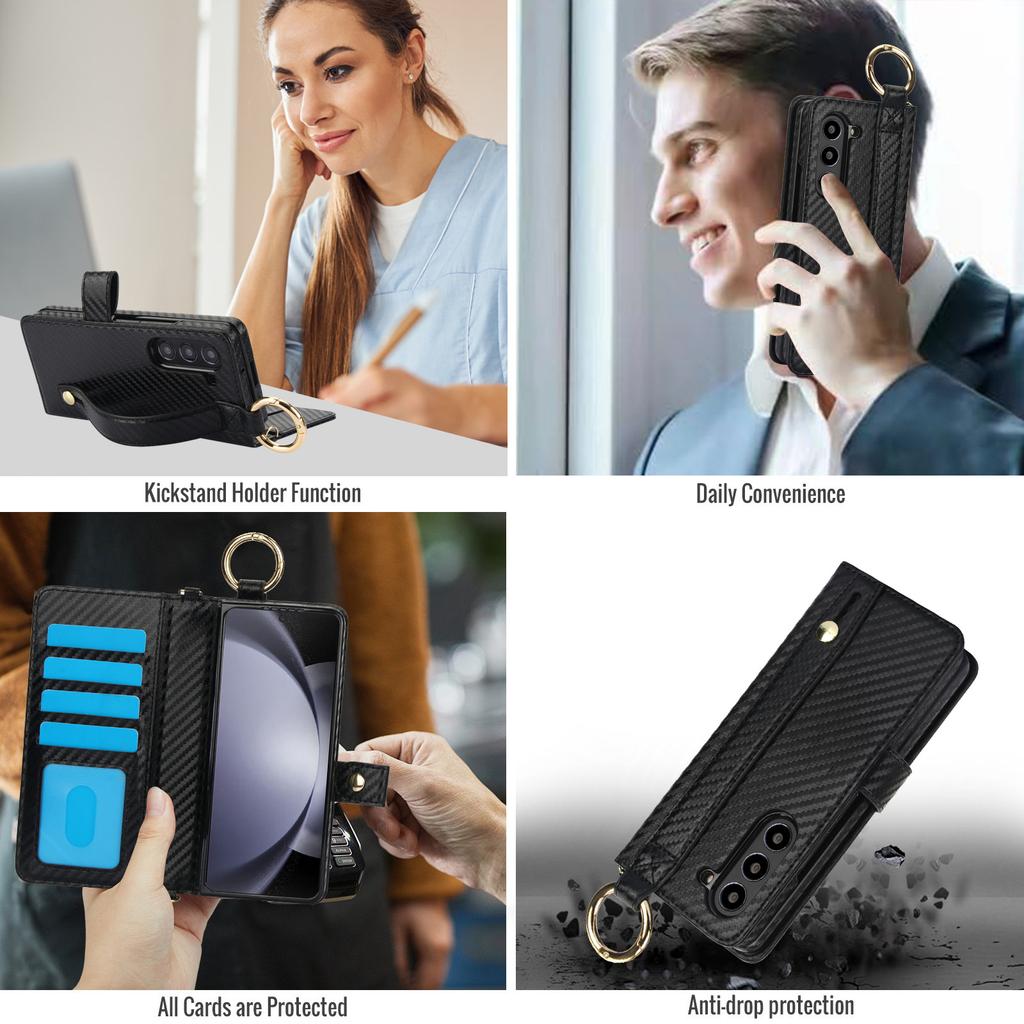 Samsung FOld7 Mobile Phone Leather Case Wristband Protective Cover Z FOld6 Carbon Fiber Business Mobile Phone Case Pen Slot