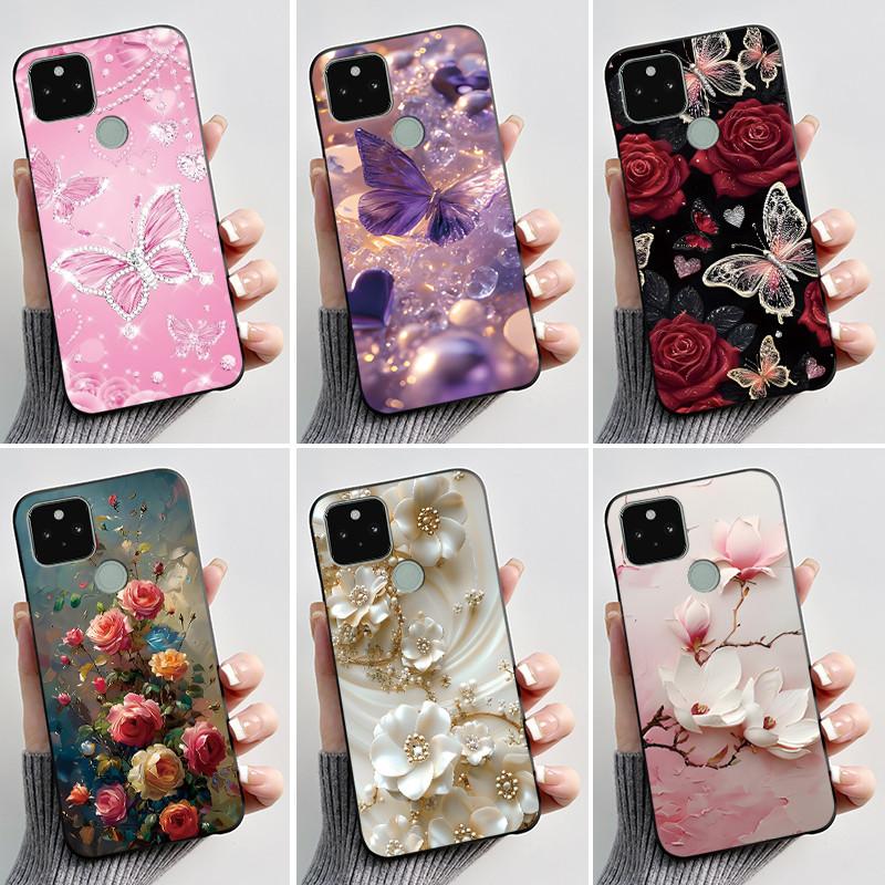 Silikonhülle für Google Pixel 5 Pixel 5A Pixel5 Pixel5A Weiche Abdeckung Luxus Mode Schmetterlingsblumen Bemalt Schwarz Handyhülle
