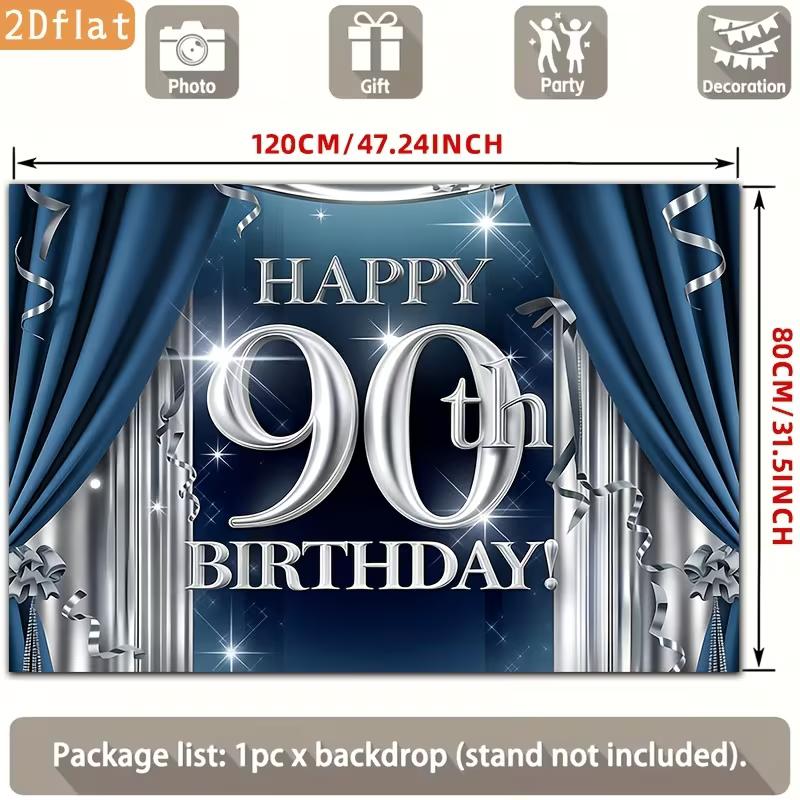 2D 90. Geburtstag Fotografie Hintergrund Marineblau Silber Vorhang und Glitzer Party Hintergrund