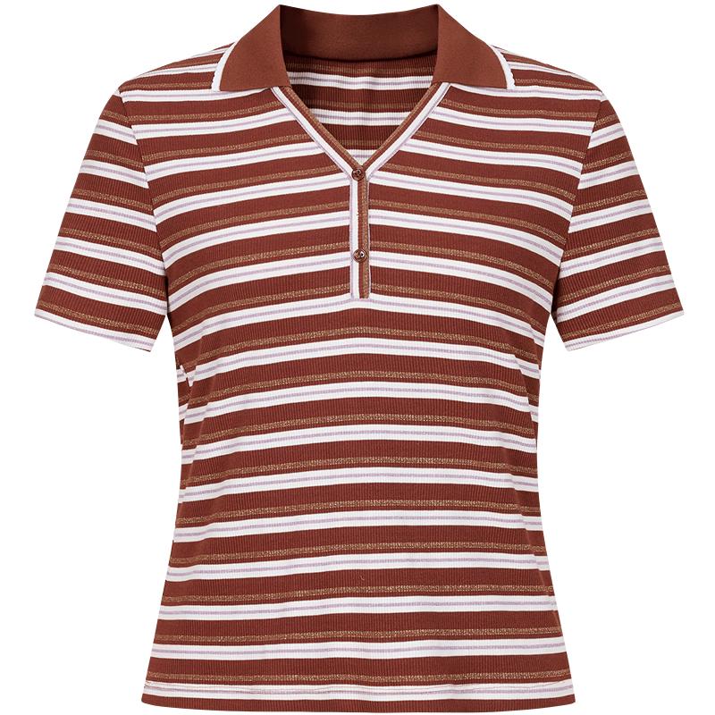 JUZUI Retro Striped Knit Polo T-Shirt XL