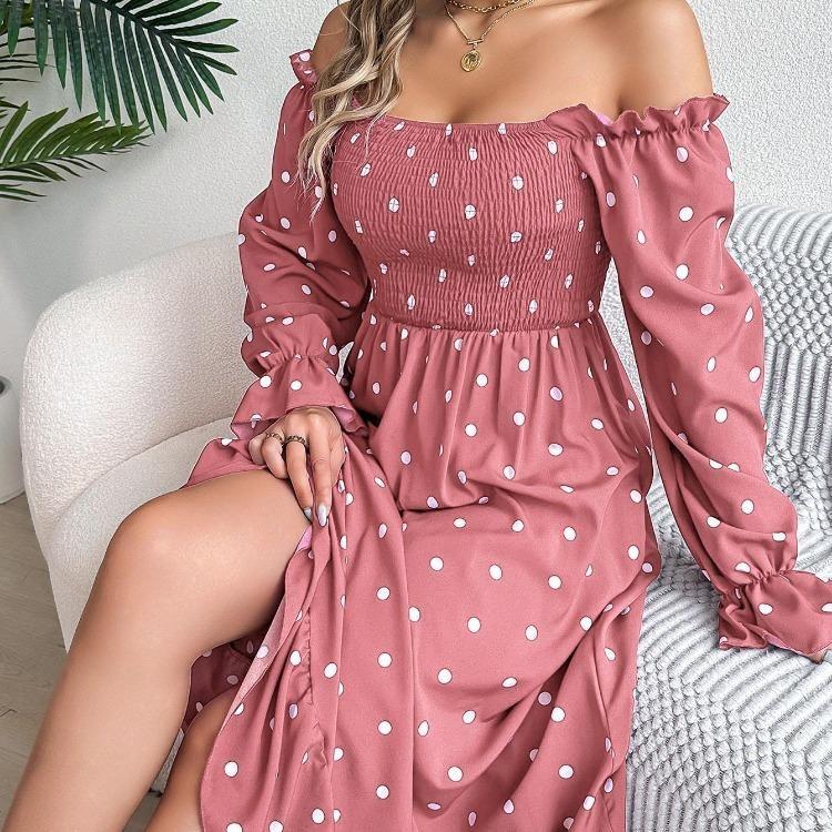 Damen Herbst Winter Langarm Hohe Taille Schnürkleid Plissee Uni Punkt Elegant