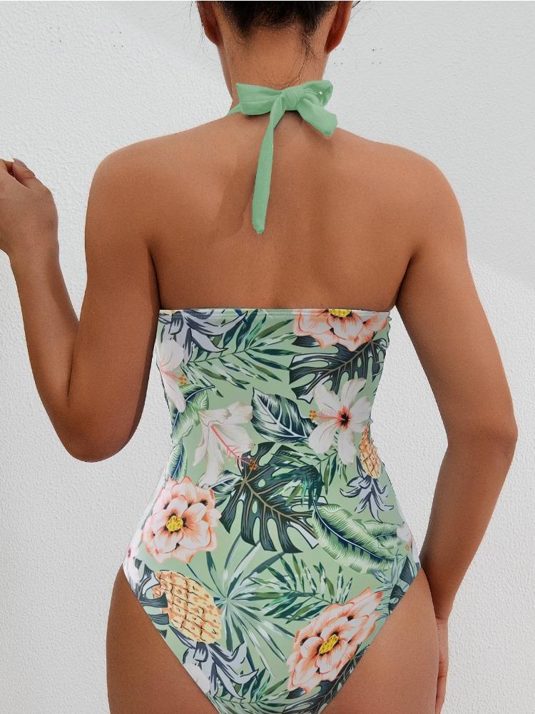 Printed Tie Back High Waist One Piece Sexy Bikini Swimsuit Women Fashion Elegant Beach Vacation Wear