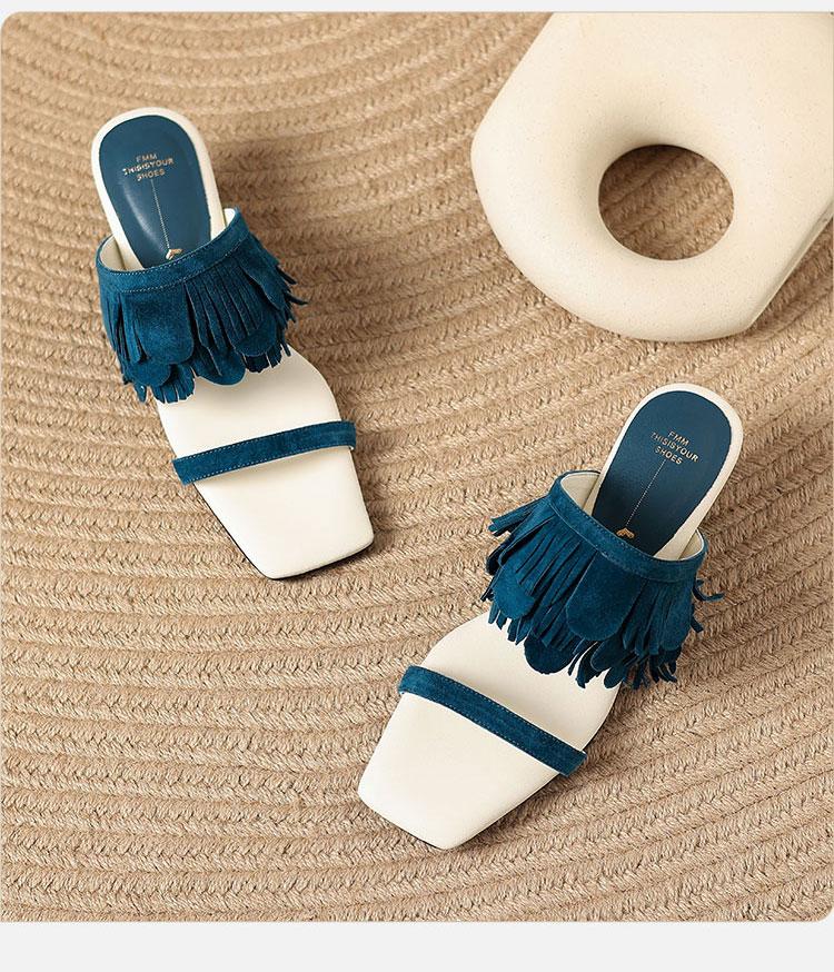 Retro ethnic style slippers for women in summer wearing 2025 new tassel vacation square toe fashion slippers