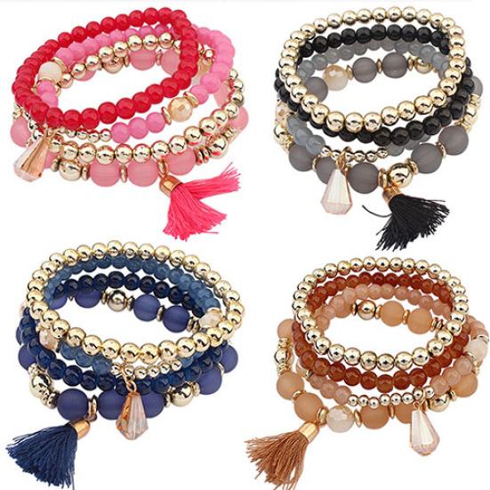4Pcs/Set Women Ethnic Multilayer Resin Beads Tassels Cuff Bracelets Fashion Jewelry