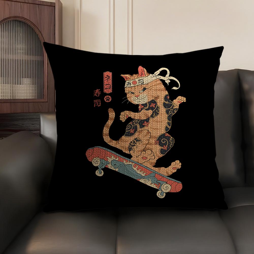 Japanese Style Samurai Cat Cushion Cover Natural Linen Organic Fabric DoubleSided Printing Sofa Home Decor Gift Pillow Case
